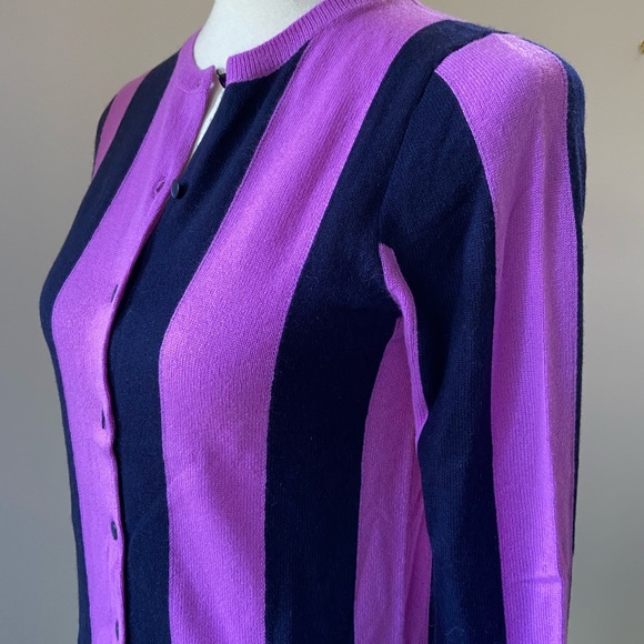 Beautiful NWT cashmere JCrew Collection Purple and Navy Striped Cardigan - Picture 5 of 6